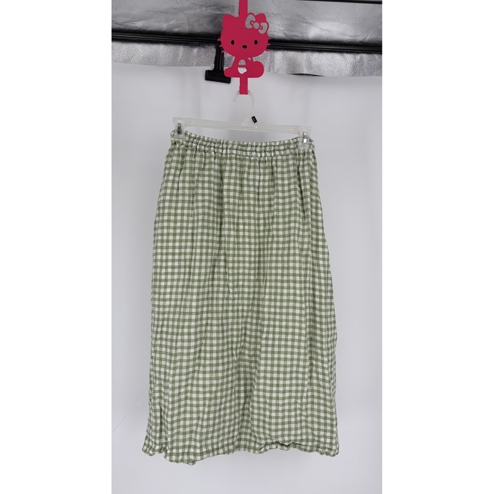 Ichi Antiquites Gingham Gather Midi Skirt Linen Cotton Green Cottagecore  Japan